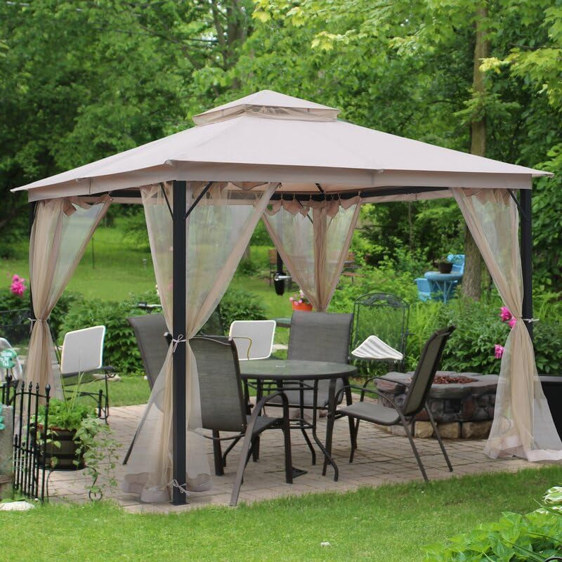 Outdoor Patio Gazebo 10X10, Heavy Duty Gazebos, Soft Top Gazebo with Metal Frame, Double Roof Canopy, Mosquito Nets, Permanent Pavilion for Decks & Backyards