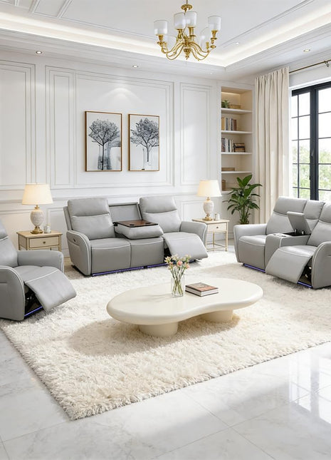 3-Piece Power Leather Recliner Sofa Set with Electric Reclining Sofa, Loveseat, and Chair - Home Theater Seating Featuring Cup Holders, USB Ports, and Storage Console