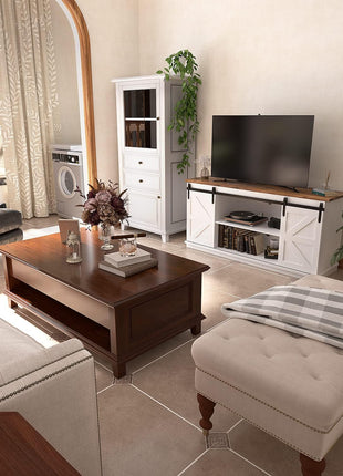 65-Inch Mid-Century Modern TV Stand with Storage Cabinets and Sliding Barn Doors in Bright White