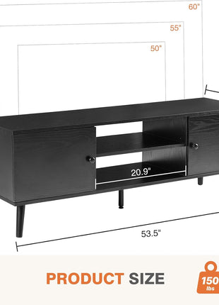Contemporary Mid-Century TV Stand for 55-60 Inch Televisions, Entertainment Center with Storage, Media Console Table Featuring 2 Cabinets and Soft Close Hinges, Wooden Design for Living Room and Office, Black Finish