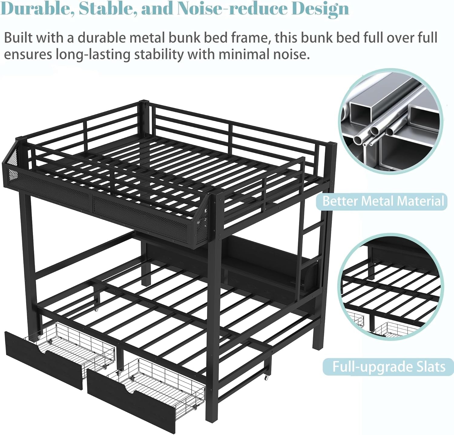 Full over Full Bunk Bed with Storage Shelves and Drawers, Metal Bunk Beds with Lights and USB Ports, Lower Bunkbed Can Be Converted, for Guest Room, Bedroom, Dorms, Muti-Function and Noise-Free, Black