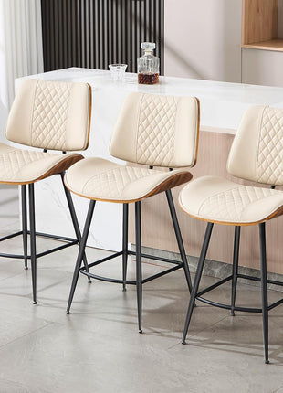 Set of 3 Modern Counter Height Barstools, 26.9" Armless Design with Metal Legs, Walnut Finish, PU Leather Bentwood Chairs for Home Counter, Kitchen Island, and Cafe (Beige)
