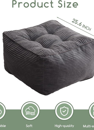 Square Corduroy Pouf Ottoman with Foam Filling, Fluffy Foot Stool and Storage Solution, 25.6 x 25.6 Inches in Dark Grey