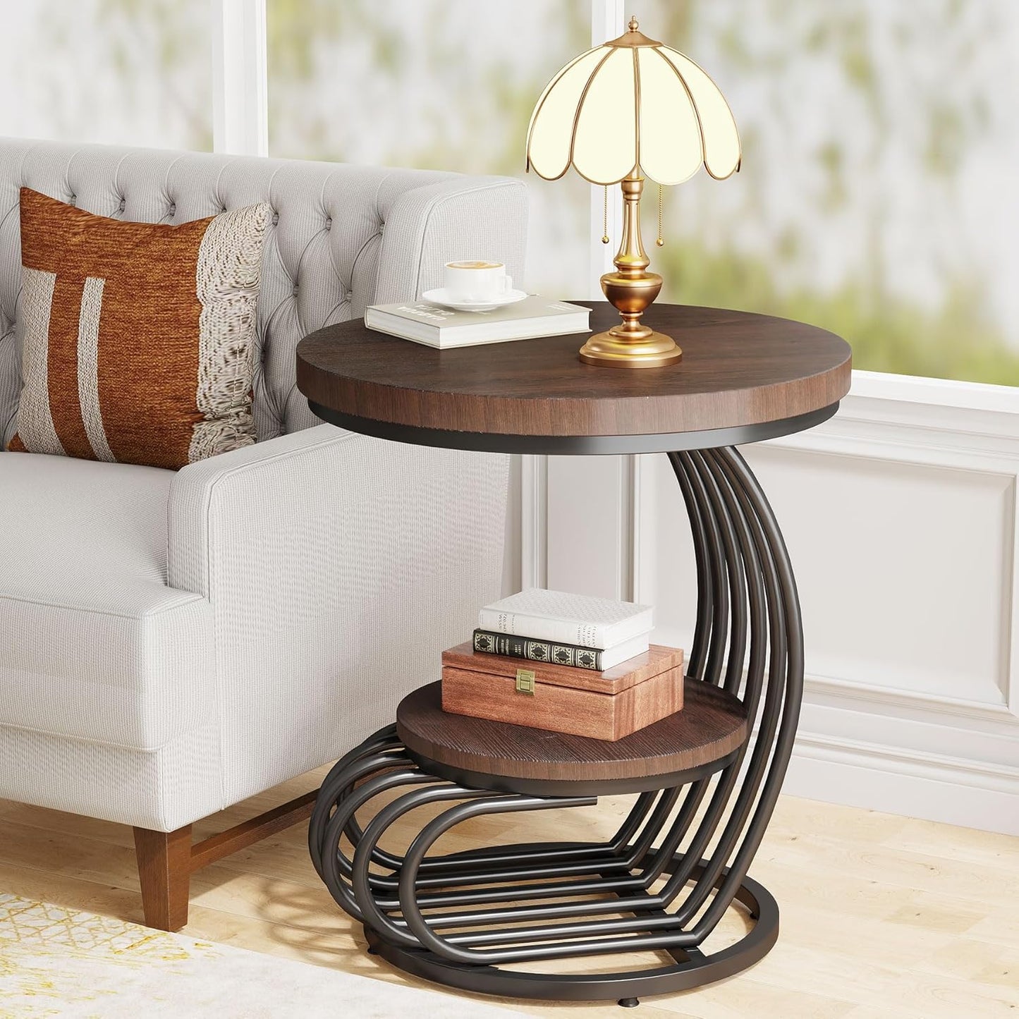 round End Side Table: Side Table with 2 Tiers Storage Shelves, Vintage End Table for Living Room, Small Bedside Table Accent Table with Arc-Shaped Frame, Rustic Brown