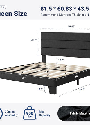 Queen Size Platform Bed Frame with Upholstered Headboard and Wooden Slat Support, No Box Spring Required, Easy Assembly, Dark Grey