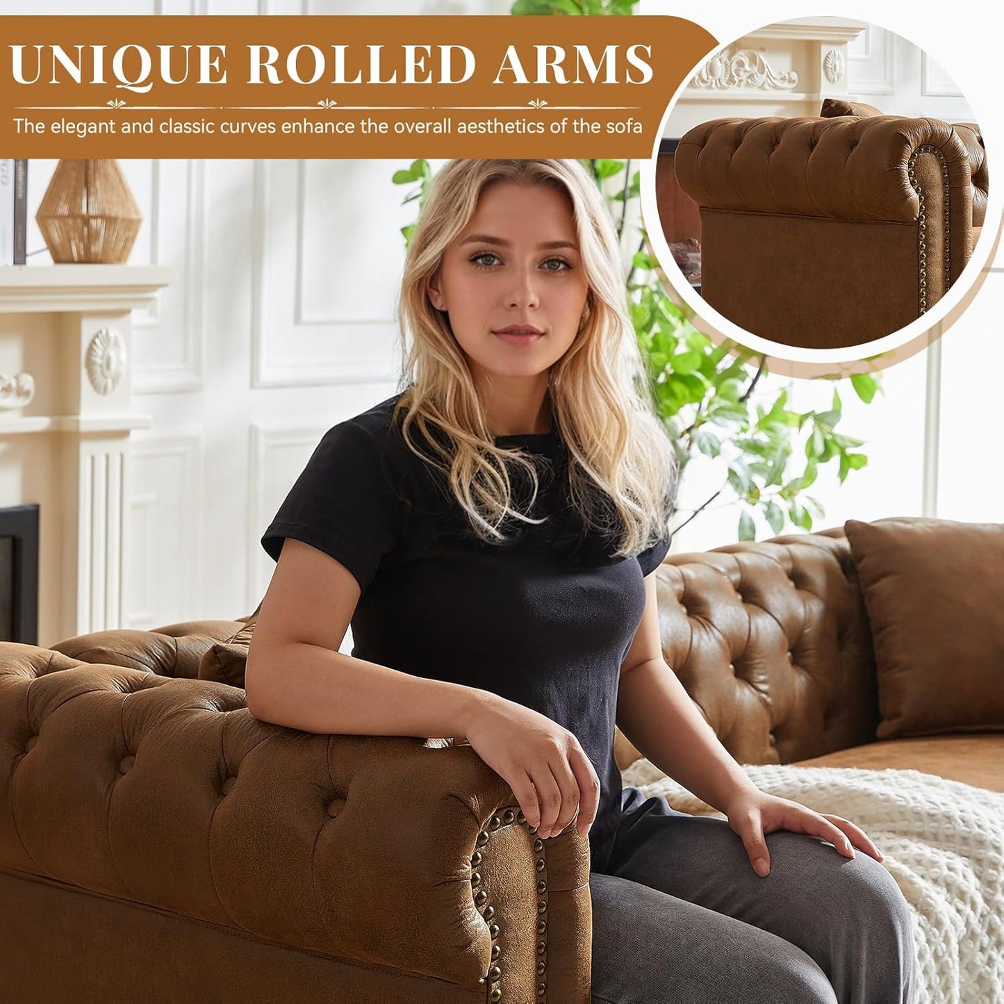 Modern Chesterfield Sofa Couch, 63.5-Inch Faux Leather Loveseat Sofa with Rolled Armrests and Tufted Button for Living Room, Office, Brown