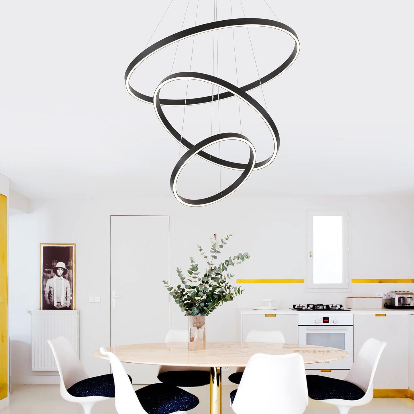Elegant 3-Rings Black Modern LED Chandelier – Fully Dimmable High Ceiling Pendant Light for Dining Room, Living Room, Foyer & Staircase (Warm White 3000K, Adjustable Size 15.7"-31.4")