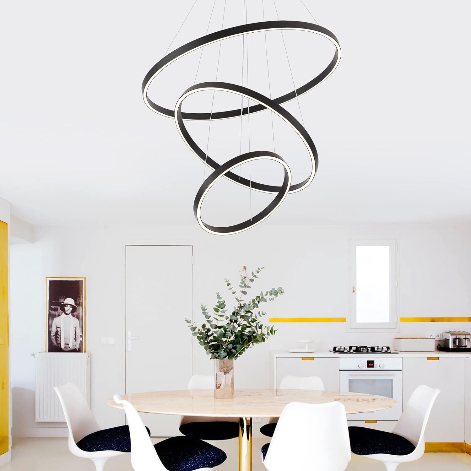 Elegant 3-Rings Black Modern LED Chandelier – Fully Dimmable High Ceiling Pendant Light for Dining Room, Living Room, Foyer & Staircase (Warm White 3000K, Adjustable Size 15.7"-31.4")