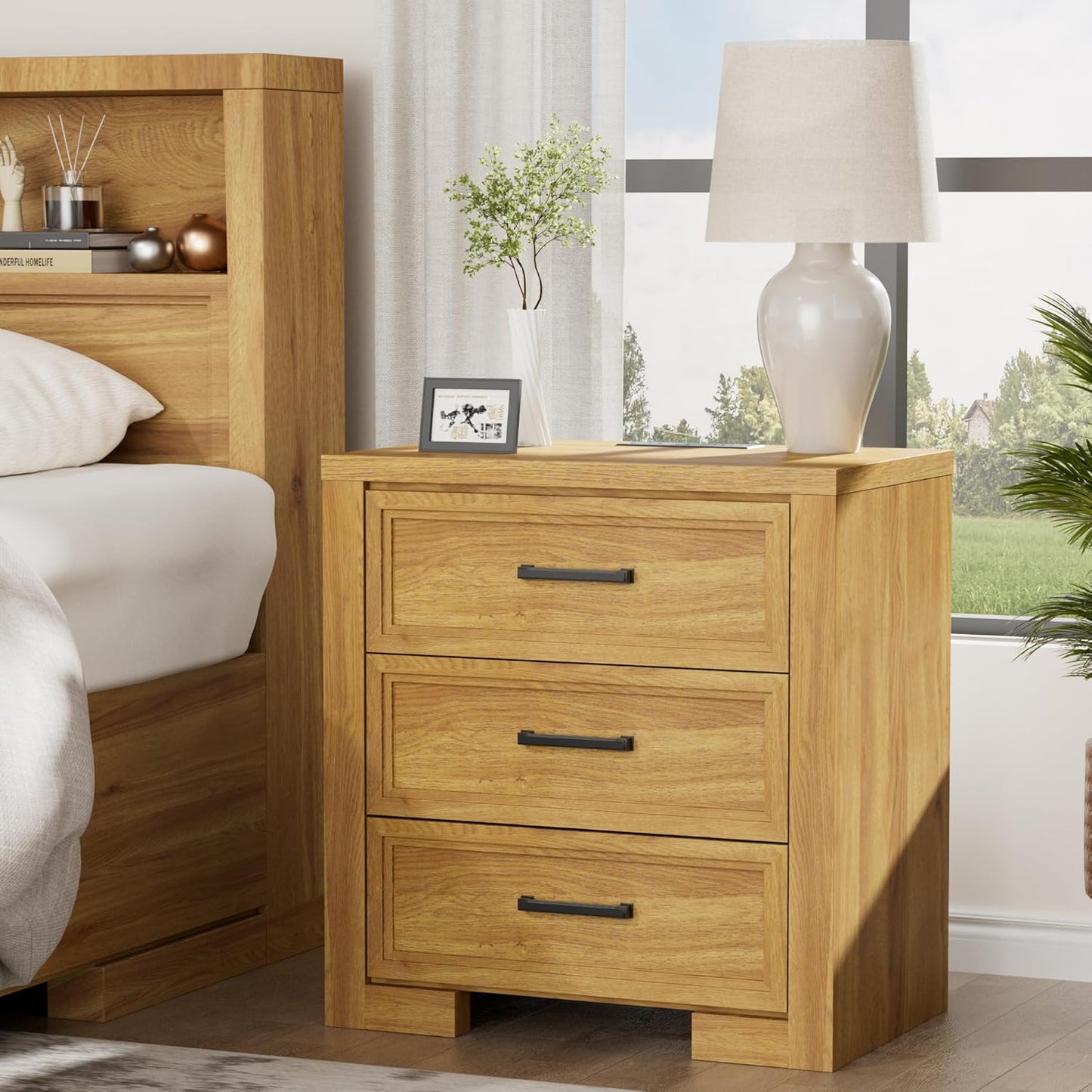 24" Wide Nightstand Set of 2, Night Stand with Charger Station, Bedside Table with 3 Drawers, Sofa Side Table for Bedroom, Living Room, Entryway, Natural Oak