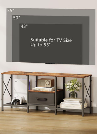Industrial TV Stand with Fabric Drawer - Rustic Brown Entertainment Center for 50-55 Inch TVs with Open Storage Shelves for Living Room and Bedroom