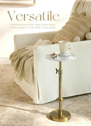 Adjustable-Height Marble Accent Table - 10x10x22-30, White Marble and Antique Brass, Modern Round End Table for Compact Spaces, Vintage Metal Martini Cocktail Stand