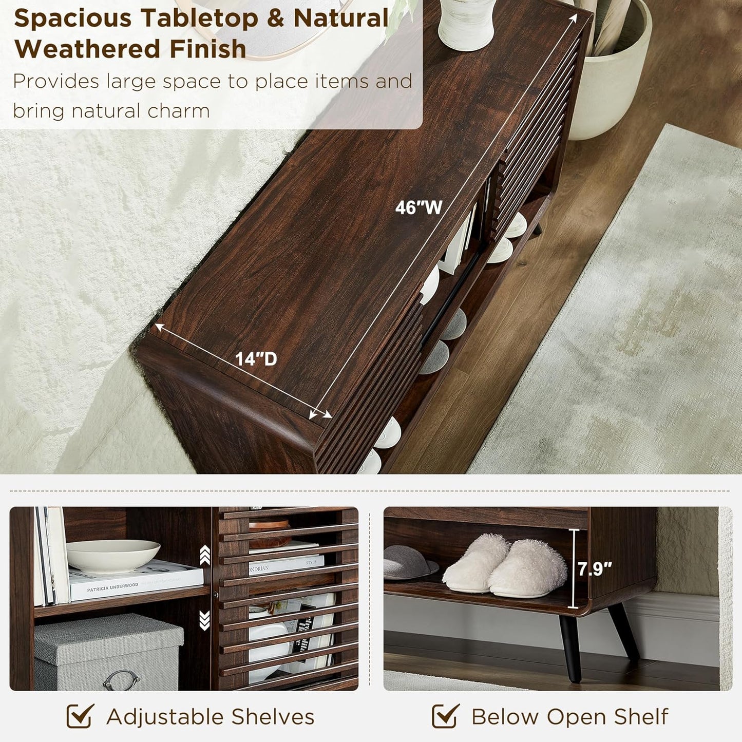 46" Entryway Table with Slatted Sliding Door, Mid Century Modern Console Table W/Adjustable Storage Shelf, Wood Sofa Table behind Couch for Hallway, Living Room, Foyer, Dark Walnut