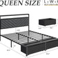 Queen Bed Frame with 2 Drawers, Upholstered Headboard with Storage and Charging Station, LED Lights, Fabric Drawers with Wheels, under Bed Storage, No Box Spring Needed, Easy Assembly, Grey