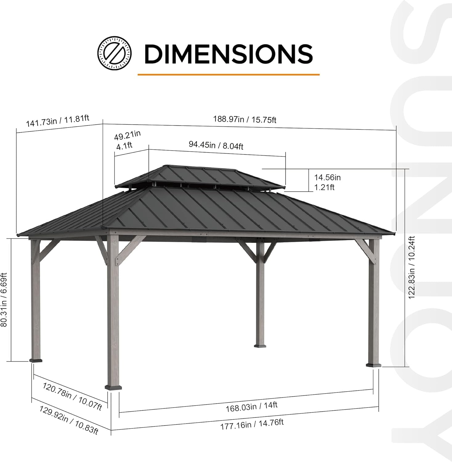12 X 16 Ft. Wood Gazebo, Outdoor Patio Cedar Framed Steel Hardtop Gazebo with 2-Tier Metal Roof, Suitable for Patios, Lawn and Backyard, Matte Black Roof + Gray Wood Frame