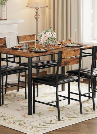 Rustic Brown Dining Table Set for Four with Upholstered Chairs, Perfect for Kitchens and Compact Spaces