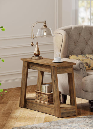 Rustic Brown Wooden End Table with Dual Storage Shelves - Slim Accent Nightstand for Living Room and Bedroom