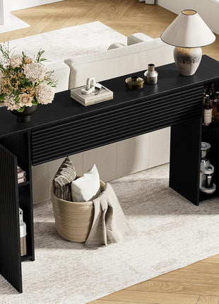 61-Inch Fluted Long Console Table - Wooden Rectangular Sofa Table with Dual Hidden Storage Cabinets for Entryway, Hallway, Living Room, and Foyer in Black