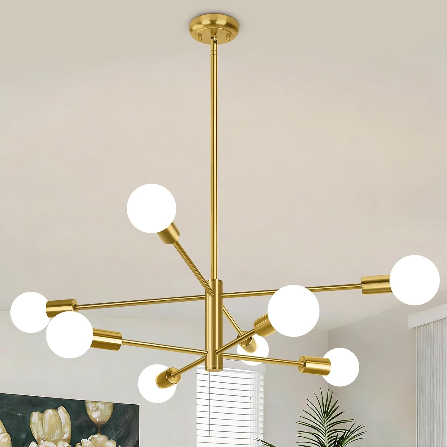 8-Light Modern Sputnik Chandelier, Mid Century Gold Chandeliers Lighting, Farmhouse Ceiling Hanging Light Fixture for Dining Room Bedroom Living Room Kitchen Foyer, Height Adjustable