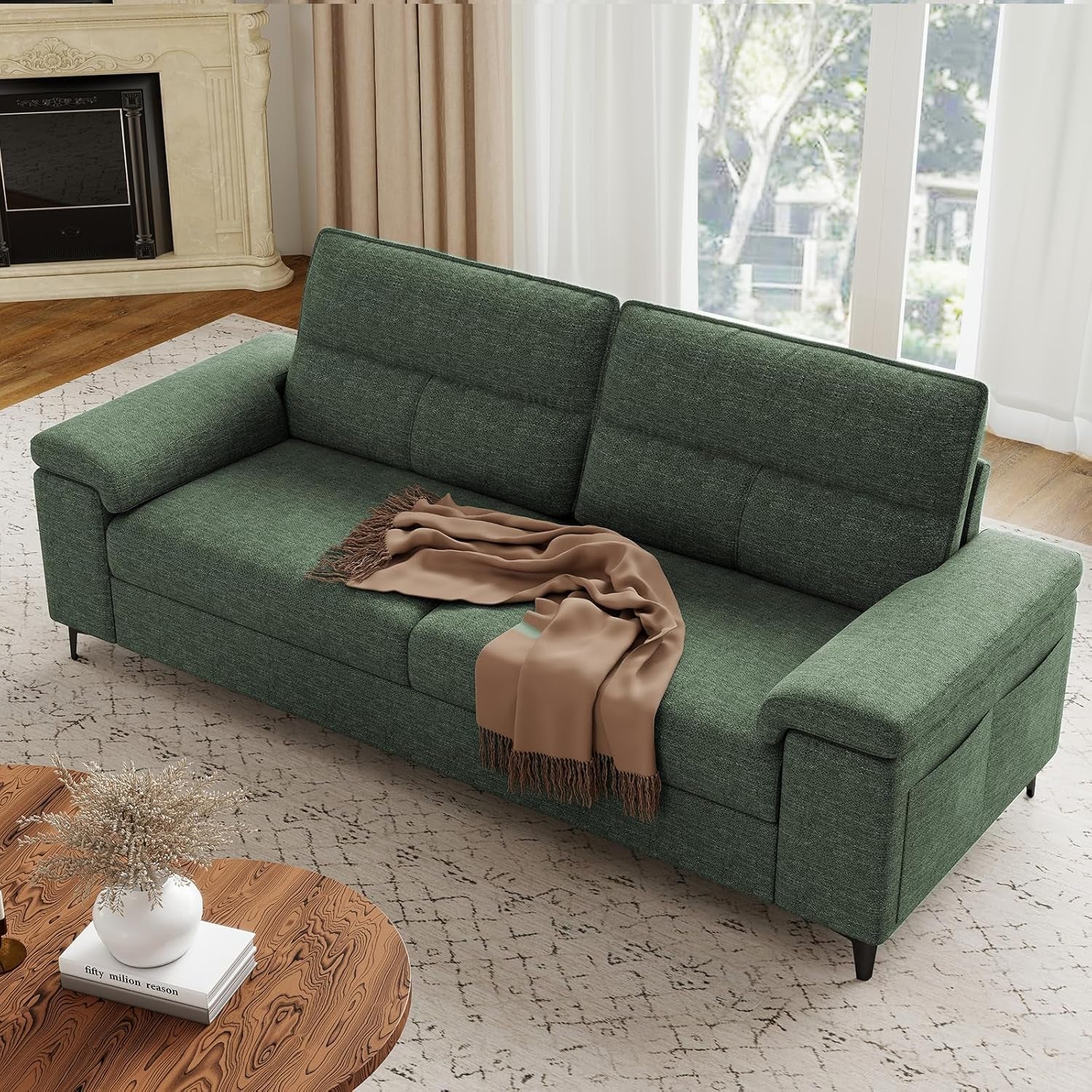 88.97" Modern Sofa Couch for Living Room, Deep Seat Sofas with 8”Cushion, Comfy 2-Seater Chenille Loveseat with Convertible Armrest, Removable Sofa Cover, High Leg (Green)