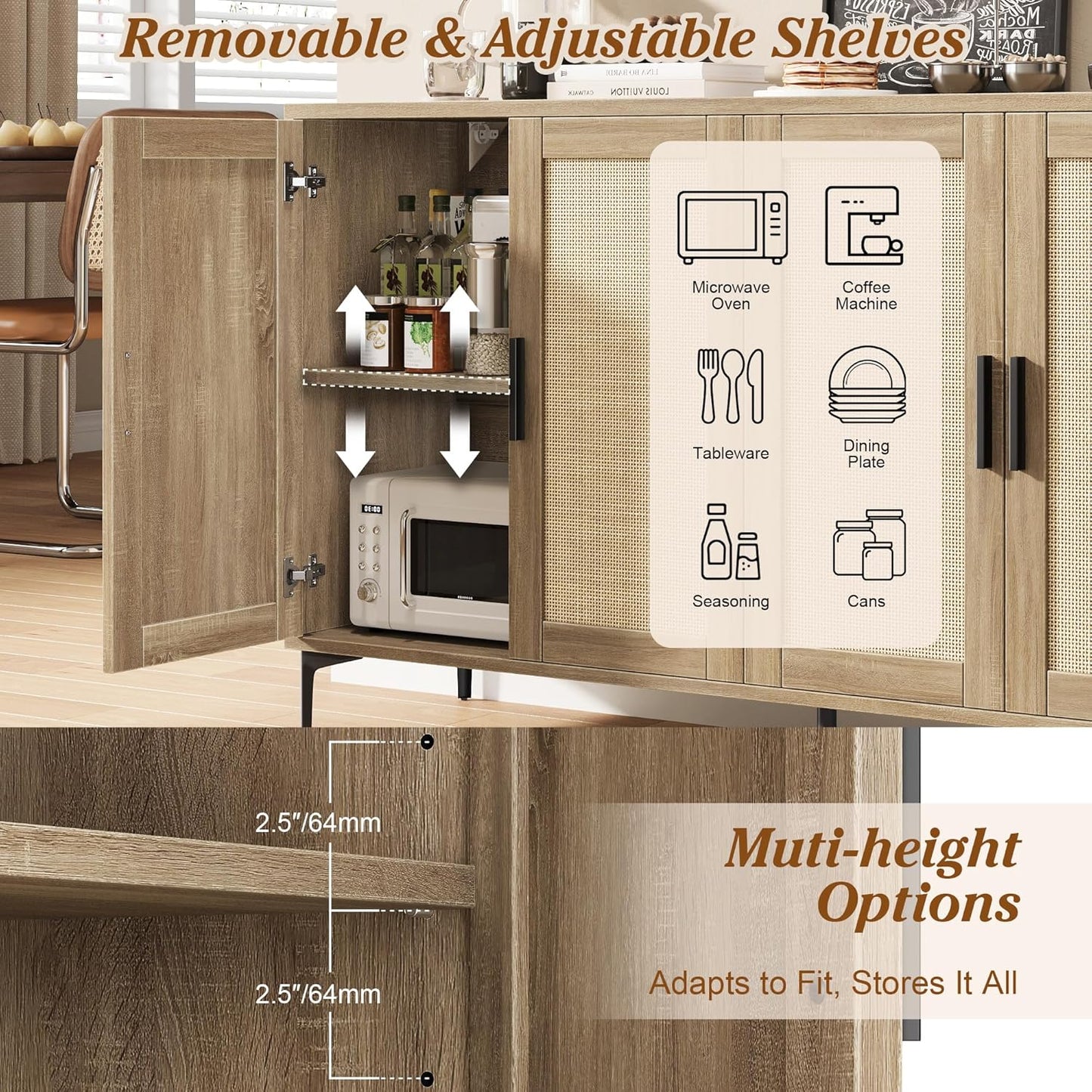 Buffet Cabinet with Storage, 48" Rattan Sideboard with Adjustable Shelves, Modern Coffee Bar Cabinet Console Table with Doors, Credenza for Kitchen, Living Room, Entryway, Dining Room, Wood