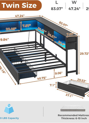 Twin Corner Bed Frame with Integrated Bookcase Storage and LED Lighting, Metal Platform Bed with Storage Drawers and Charging Station for Kids and Teens, Black