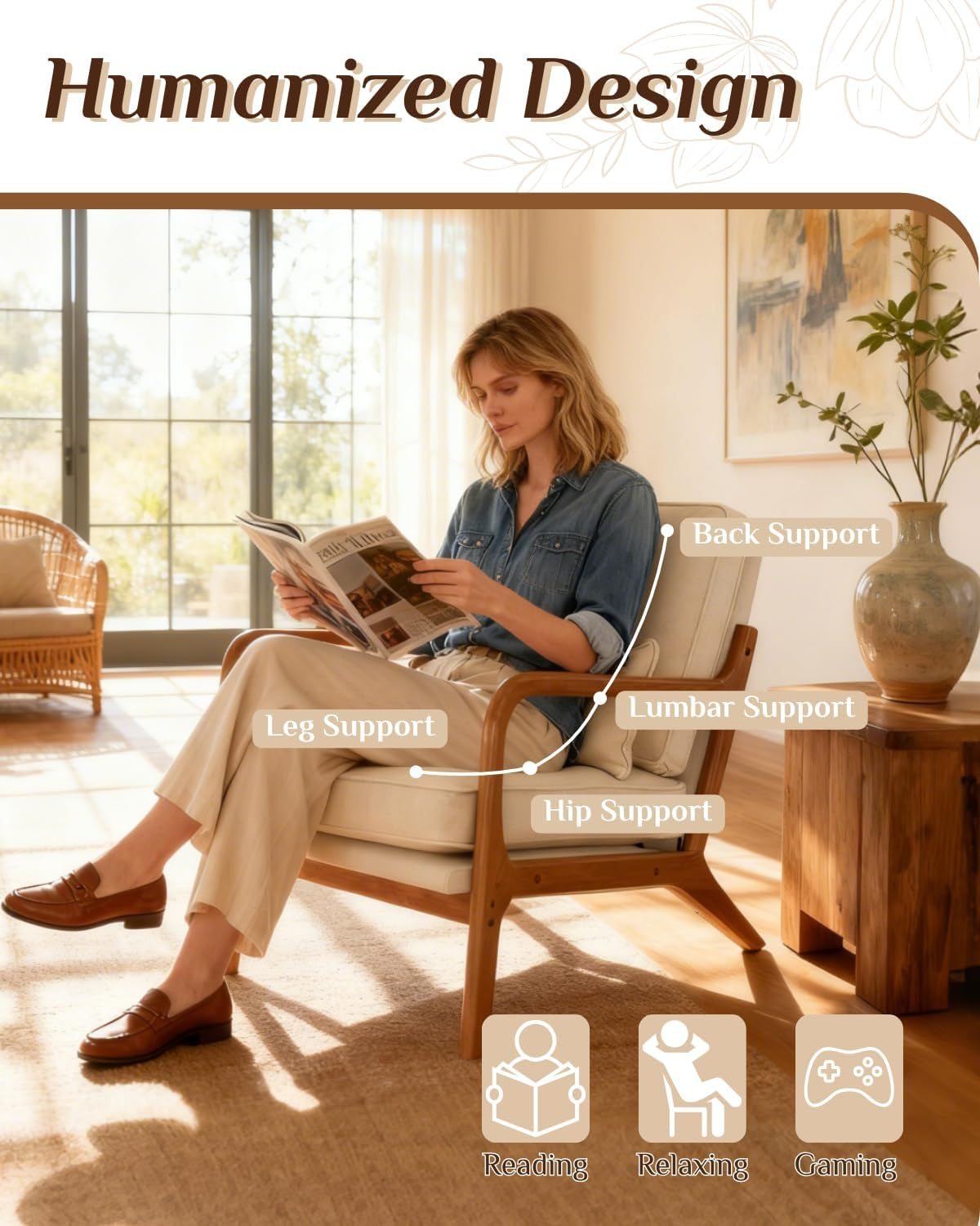 Accent Chair Mid-Century Modern Chair with Pillow Linen Fabric Upholstered Lounge Arm Chair with Solid Wood Frame & Soft Cushion for Living Room, Bedroom, Balcony, Beige