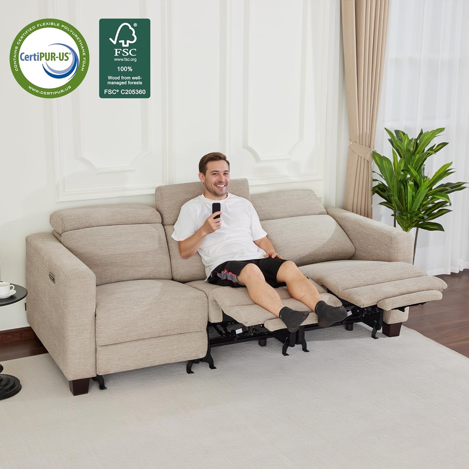 88.6'' Reclining Sofa, Wall Hugger Power Recliner Sofa with Adjustable Headrest, USB a & C Charge Ports, Wood Legs, for Living Room (Fabric, HL198M3) (Beige, 3-Seater)