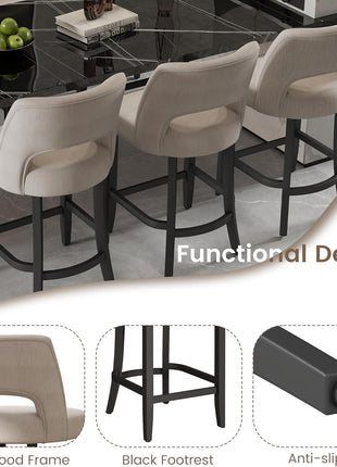 Set of 2 Modern Upholstered Counter Height Bar Stools, 26" with Black Legs, Beige Fabric for Kitchen Island and Dining Room