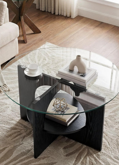 Contemporary Round Coffee Table with Dual-Tier Glass Design and Storage, Versatile Centerpiece for Living Room, Office, and Lounge, Black