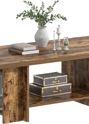 Rustic Brown 47-Inch Rectangular Coffee Table with Storage and Side Shelves for Living Room