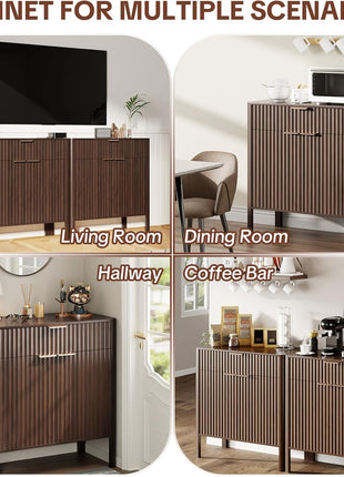 Fluted Walnut Buffet Cabinet - Modern Sideboard with Storage, Doors & Drawer for Living Room, Kitchen, Dining Room, and Entryway, Easy Assembly, 31