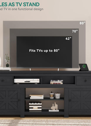 70-Inch Modern TV Stand for 75/80 Inch Televisions, Entertainment Center with Drawers and Power Outlet, Black Console for Living Room (30-Inch Height)