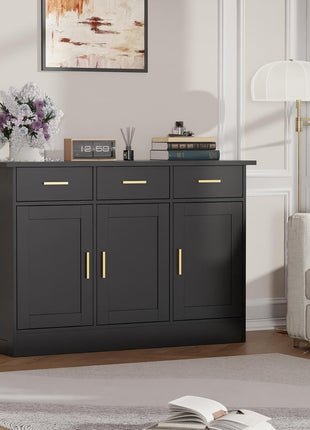 Elegant Buffet Cabinet with Storage - 47.2"W Wood Console Table for Kitchen and Living Room, Black Finish with 3 Doors and Drawers