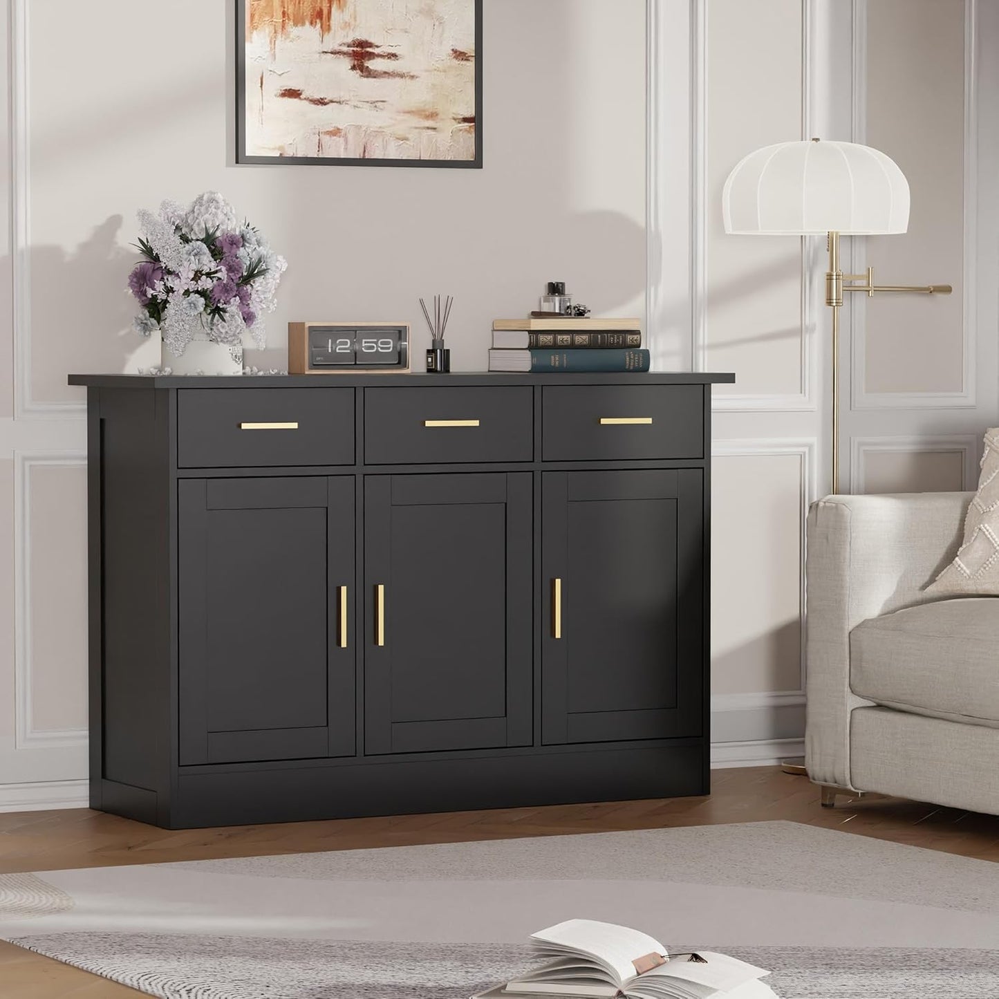 Buffet Cabinet with Storage - Buffets & Sideboards Kitchen Storage Cabinet, Wood Console Table Coffee Bar Accent Cabinets for Living Room Dining Room Entryway Large 3 Doors & Drawers, Black 47.2"W