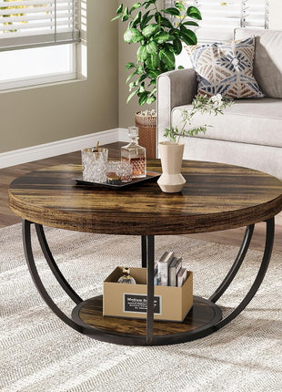 31.7-Inch Round Wooden Coffee Table with Dual-Tier Storage Shelves, Modern Rustic Accent Table for Living Room in Brown Finish