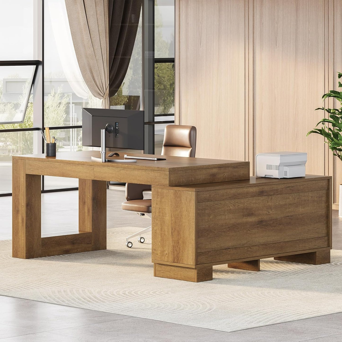 63" L Shaped Executive Desk with Storage, Farmhouse Home Office Desk with 2-Tier Cabinets and Shelves, Large Wooden Computer Table Business Furniture Workstation Set, Brown