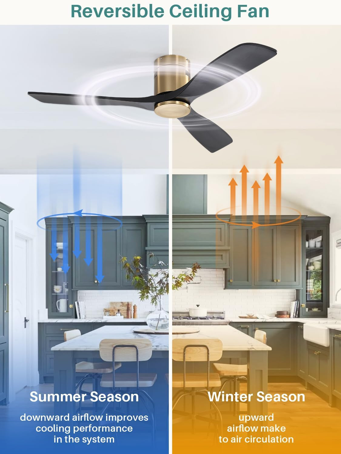 52 Inch Solid Wood Ceiling Fan without Lights Flush Mount Ceiling Fans with Remote Control-Wood Blades Modern Outdoor Ceiling Fan No Light for Bedroom/Farmhouse/Patio/Indoor, Black Gold