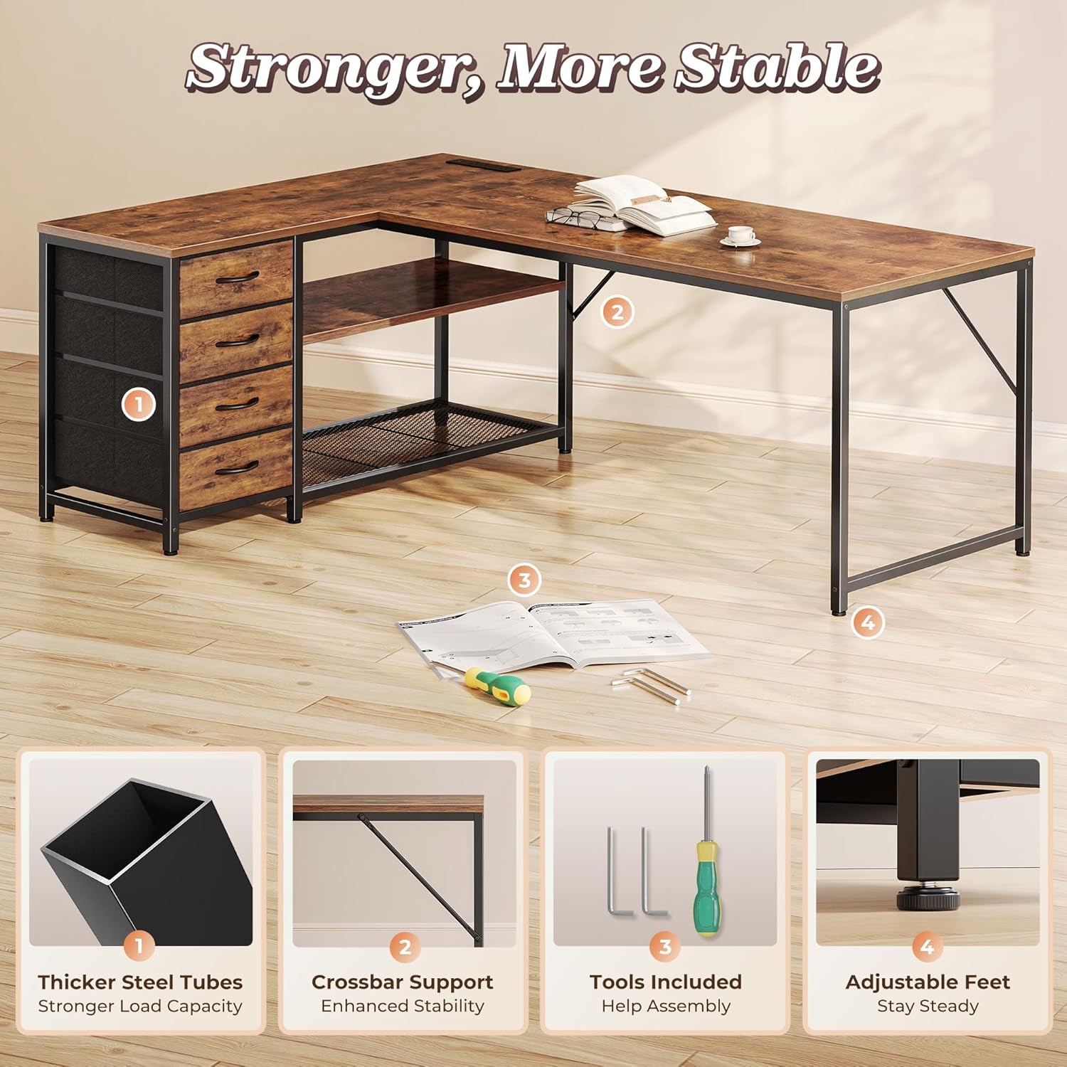 61" L Shaped Desk with Power Outlets and USB-C Port, Reversible Computer Corner Office Desk with 4 Fabric Drawers and 2 Height-Adjustable Shelves, Large for Gaming Writing Study, Rustic Brown