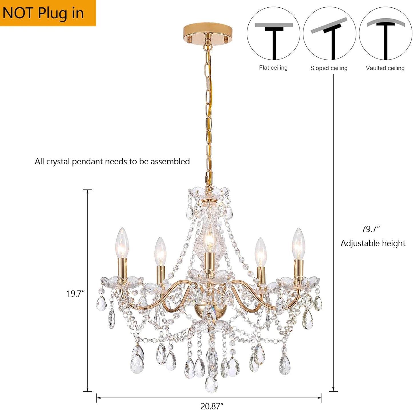 Crystal Gold Chandelier, Glass Crystal Hanging Pendant Lighting, 5 Light French Country Gold Crystals Chandelier for Ceiling Medallions,Wedding,Dining,Kitchen, Foyer,Dia 20'' Golden