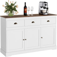 White Buffet Cabinet Storage Sideboard Farmhouse Server Bar Wine Cabinet with 3 Drawers & 3 Doors Adjustable Shelves Console Table for Dining Living Room Kitchen Cupboard