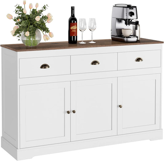 White Buffet Cabinet Storage Sideboard Farmhouse Server Bar Wine Cabinet with 3 Drawers & 3 Doors Adjustable Shelves Console Table for Dining Living Room Kitchen Cupboard