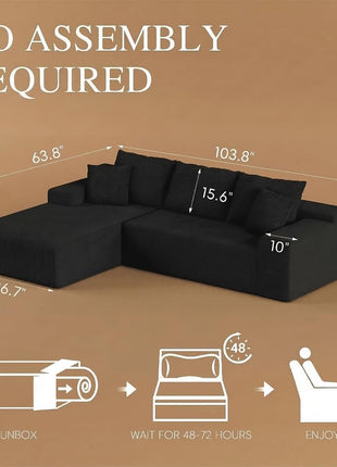 104" L-Shaped Convertible Sectional Sofa with Chaise, Modern Modular Design, Deep Seat Comfort, Easy Setup, Black