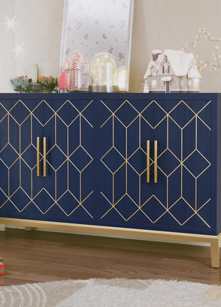 48-Inch Modern Accent Cabinet with Four Doors and Shelves, Gold Trim Sideboard Buffet for Living Room, Kitchen, Dining Room, and Hallway in Blue