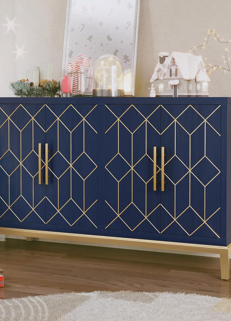 48-Inch Modern Accent Cabinet with Four Doors and Shelves, Gold Trim Sideboard Buffet for Living Room, Kitchen, Dining Room, and Hallway in Blue