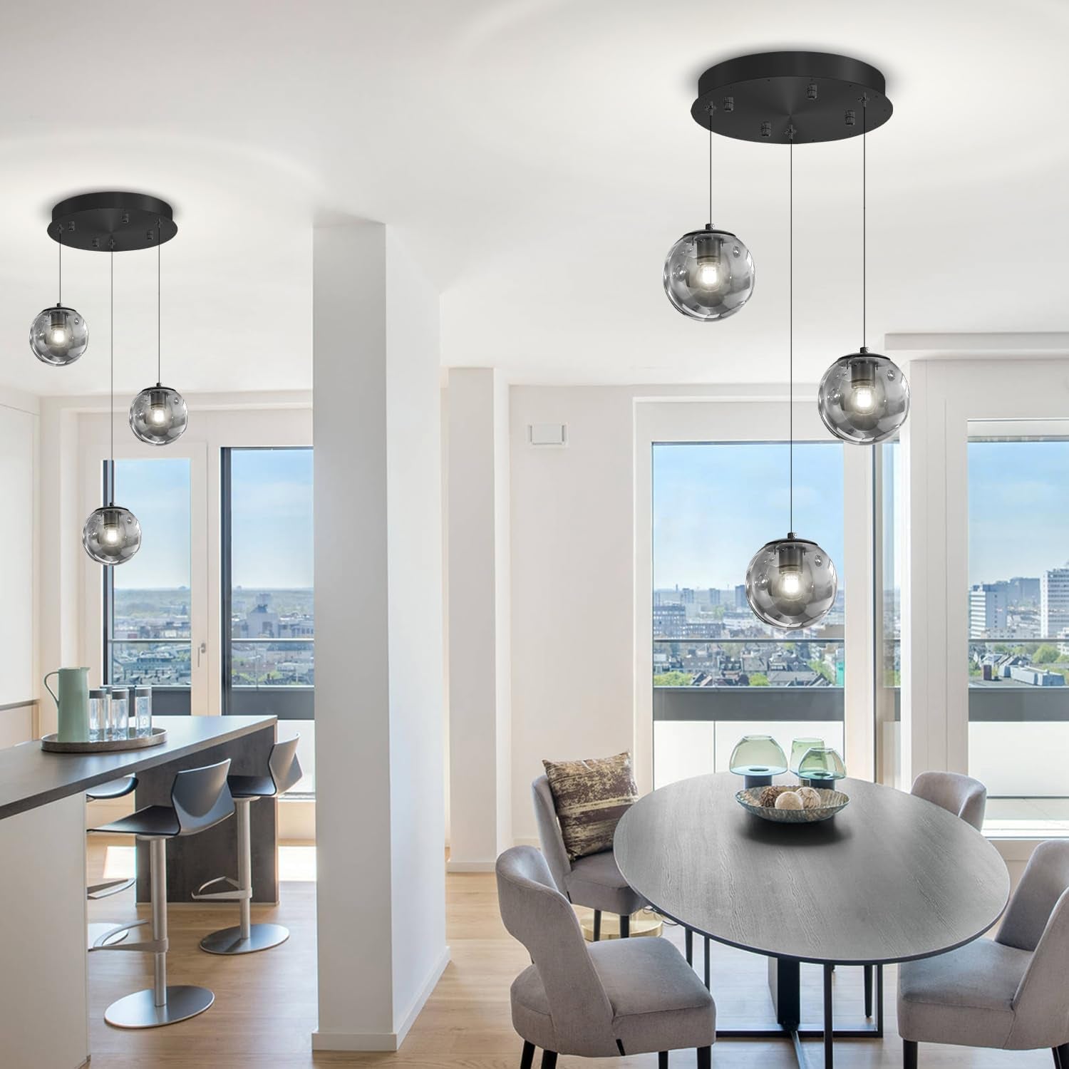 3-Light Black Pendant Light Fixtures Modern Smoke Gray Glass Globe Pendant Lights Kitchen Island Adjustable Hanging Lights Globe Stairwell Lighting Black Chandelier for Dining Room