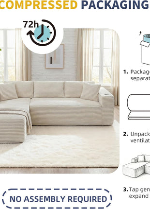Elevate Your Living Space with Our Luxurious Boneless Modular Sectional Sofa - Memory Foam Comfort, Spacious L-Shaped Chaise, and Built-in Cup Holders in Elegant White Corduroy, No Assembly Required.