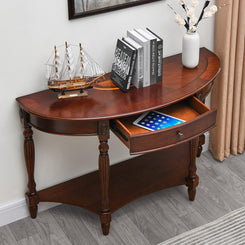 Solid Wood Console Table with Drawer, Semi-Circle Entryway Storage Shelf, Half-Moon Carvings Side Elegant Vintage Sofa for Living Room,Blank Wall Walnut SFZ1533WD-DR Brown 47.7*18*30.2