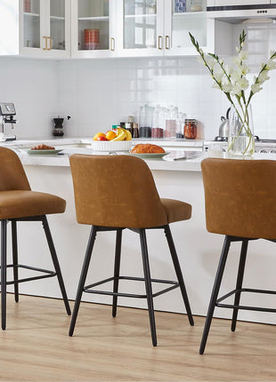 Set of 2 Contemporary Upholstered 360° Swivel Counter Height Bar Stools with High Backs, 26-Inch Seat Height, Faux Leather in Saddle Brown