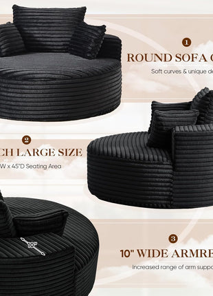 Oversized Round Chaise Lounge Chair - Modern 55-Inch Upholstered Corduroy Deep Seat Circular Sofa for Living Room and Bedroom in Black