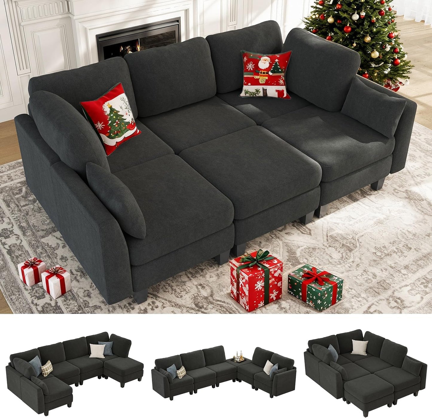 Sectional Sleeper Sofa, 6 Seaters Modular Sleeper Sofa Couch, Comfy Sectionals Couches Bed, Convertible Sofas with Ottomans, Modular Sectional Couches for Living Room, Dark Grey